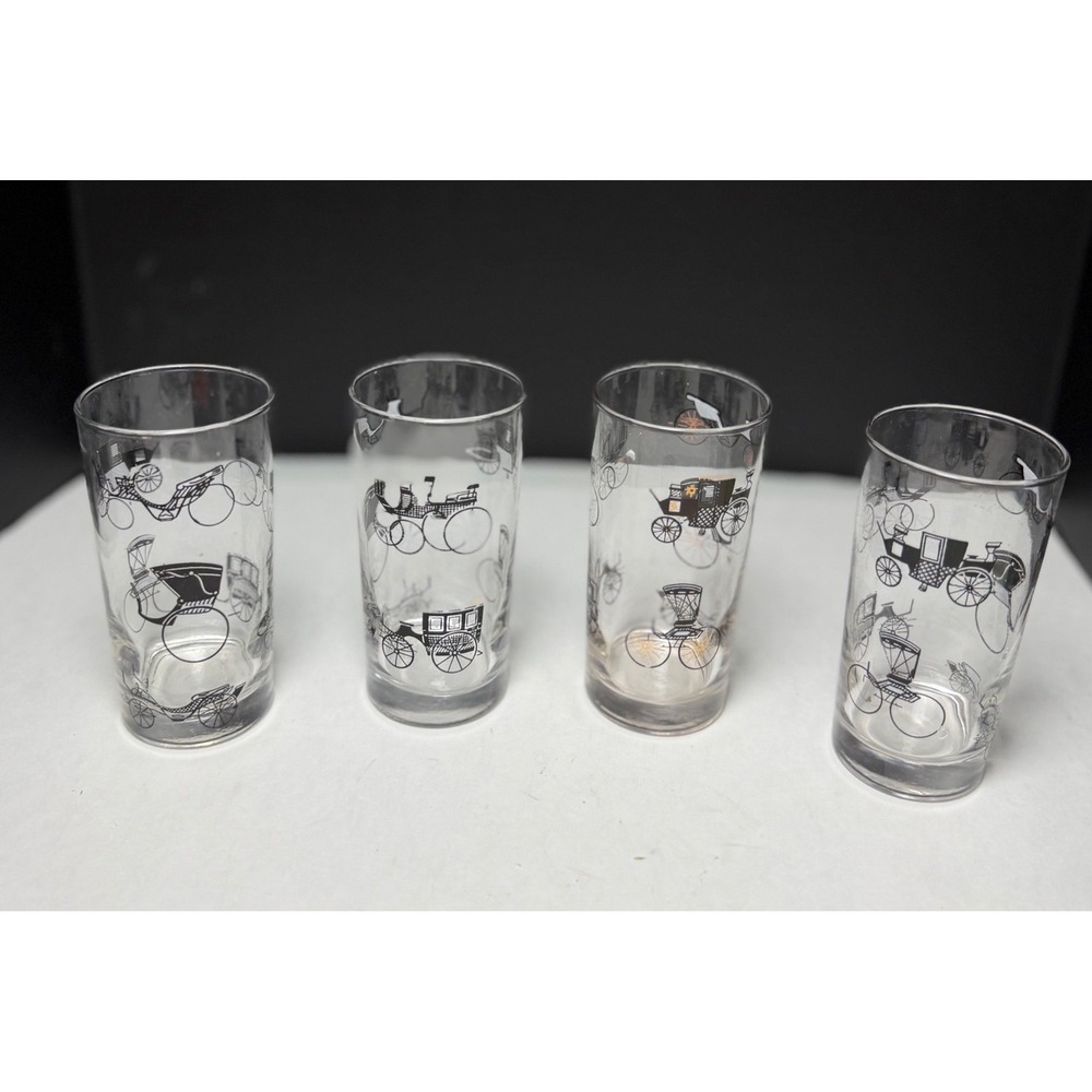 Vintage Libby Horse Drawn Carriage Highball Glasses Black Gold MCM Barware 1950s